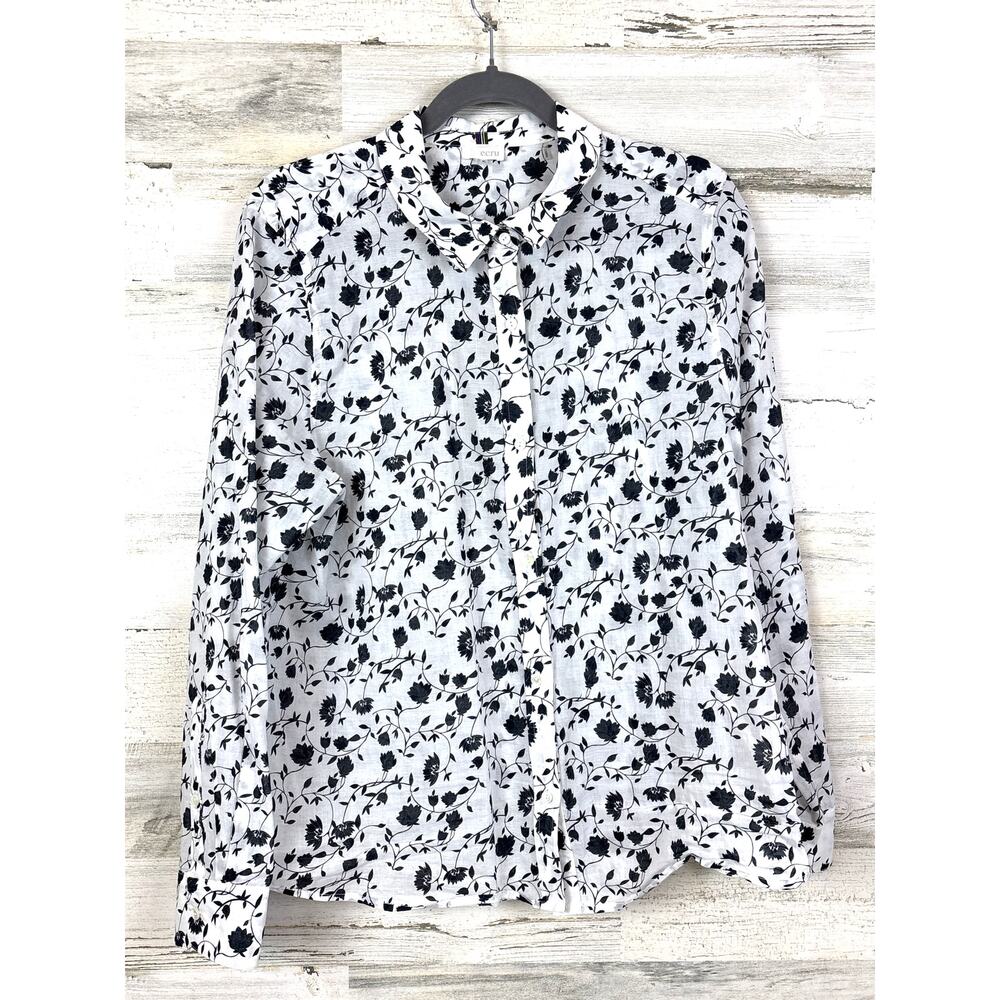 ECRU Womens L Blue White Floral Cotton Button Up Long Sleeve Casual Shirt NEW